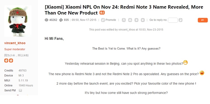 Konfirmasi Redmi Note 3 dari salah satu Admin Forum Xiaomi
